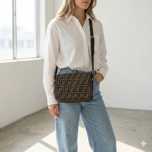 Vintage Fendi brown canvas & leather Zucca logo shoulder bag